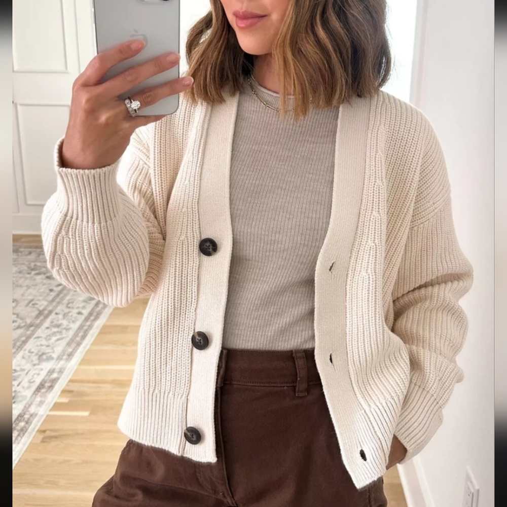 Everlane The Boxy Cardigan Everyday Cable Chunky Knit Organic Cotton In Canvas - Picture 3 of 16